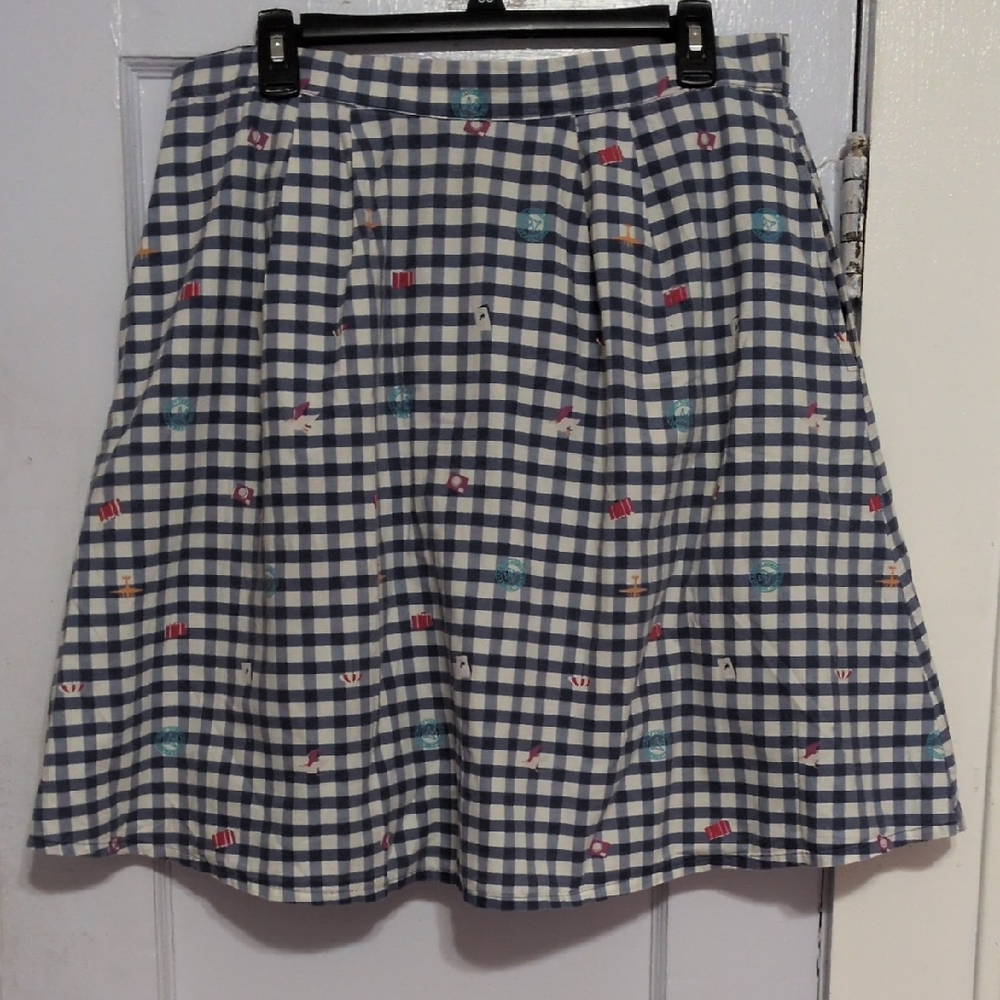 Navy Gingham A-Line Skirt with Multi-Color Embroidery